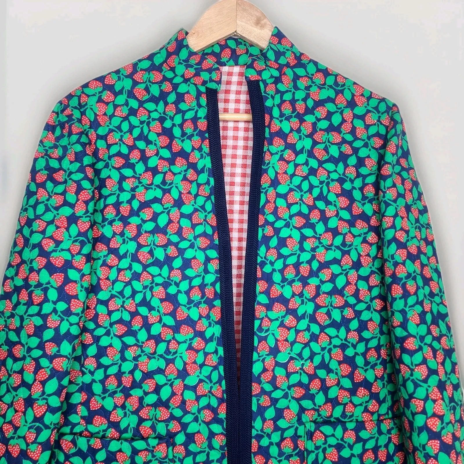 Handmade Quilted Jacket Cottage Boho Strawberry Checked‎ Print - Image 2