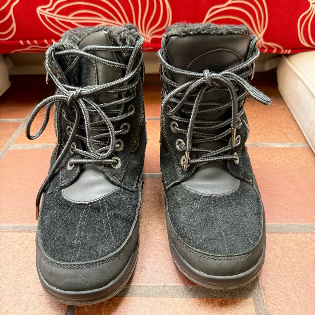 Pajar Boots Womens 7 Jeana Combat Lace Up Faux Fur Lined Side Zip Black Suede - Image 5