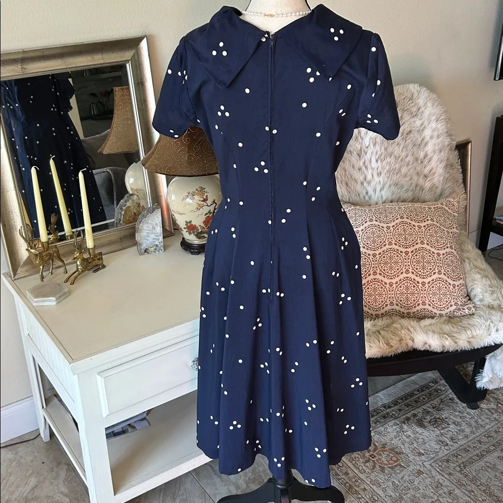 Vintage navy polkadot handmade USA crown zipper sailor short sleeve midi dress 6 Blue - Image 11