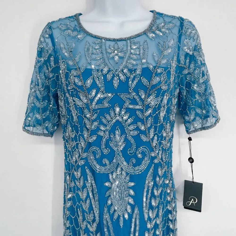 Adrianna Papell Floral Beaded Embellished Godet Gown Maxi Dress Ocean Dream Blue - Image 5