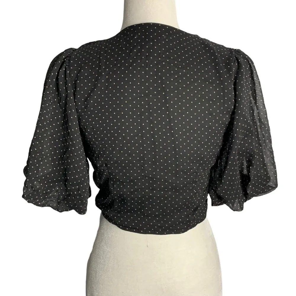 Peach Puff Cropped Polka Dot Top S Black V Neck Buttons Tie Elastic Sleeve - Image 4