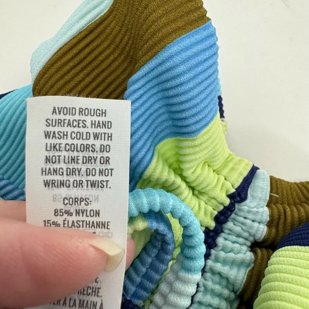 Aerie Ribbed Long Line Bandeau Bikini Top Ruched Striped Blue Yellow Size M NEW - Image 9