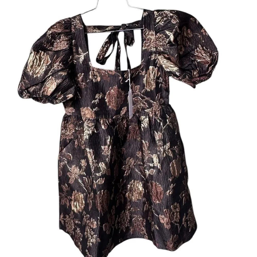 Sophie the Label Gold Puff Sleeve Metallic Jacquard Mini Dress S NWT Black - Image 3