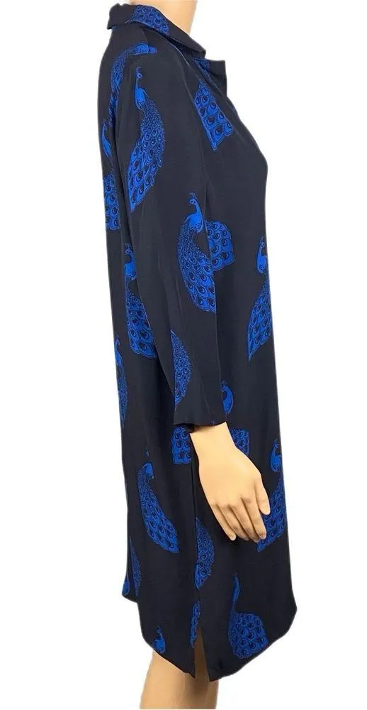 ANN TAYLOR black shirt dress with royal blue peacocks throughout Size Medium EUC - Image 5