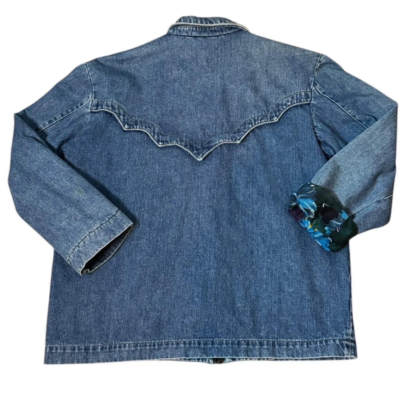 Vintage Denim Blue Jacket with Blue Purple floral lining zip closing size medium - Image 2