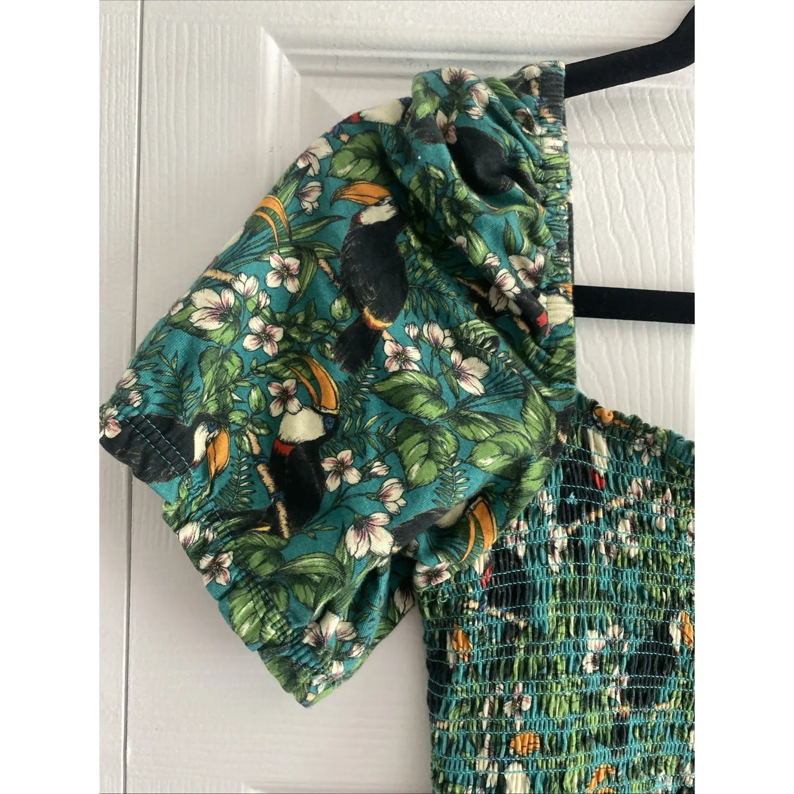 Dolan Womens Large Toucan Smocked Top Resort Euro Resort Tropical Vacation Green - Image 2