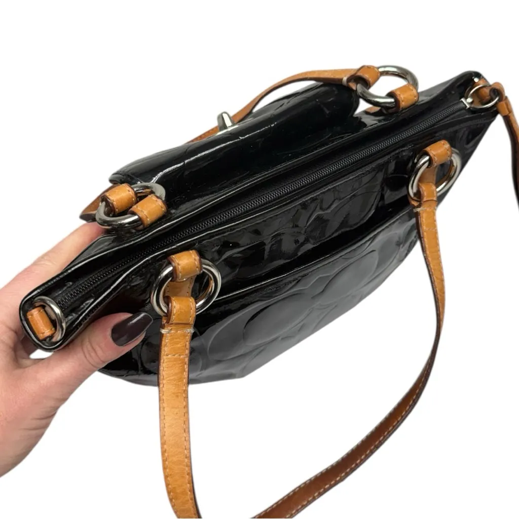 Vintage Coach Black Patent Leather Signature Tote Bag Tan Leather Handles - Image 7