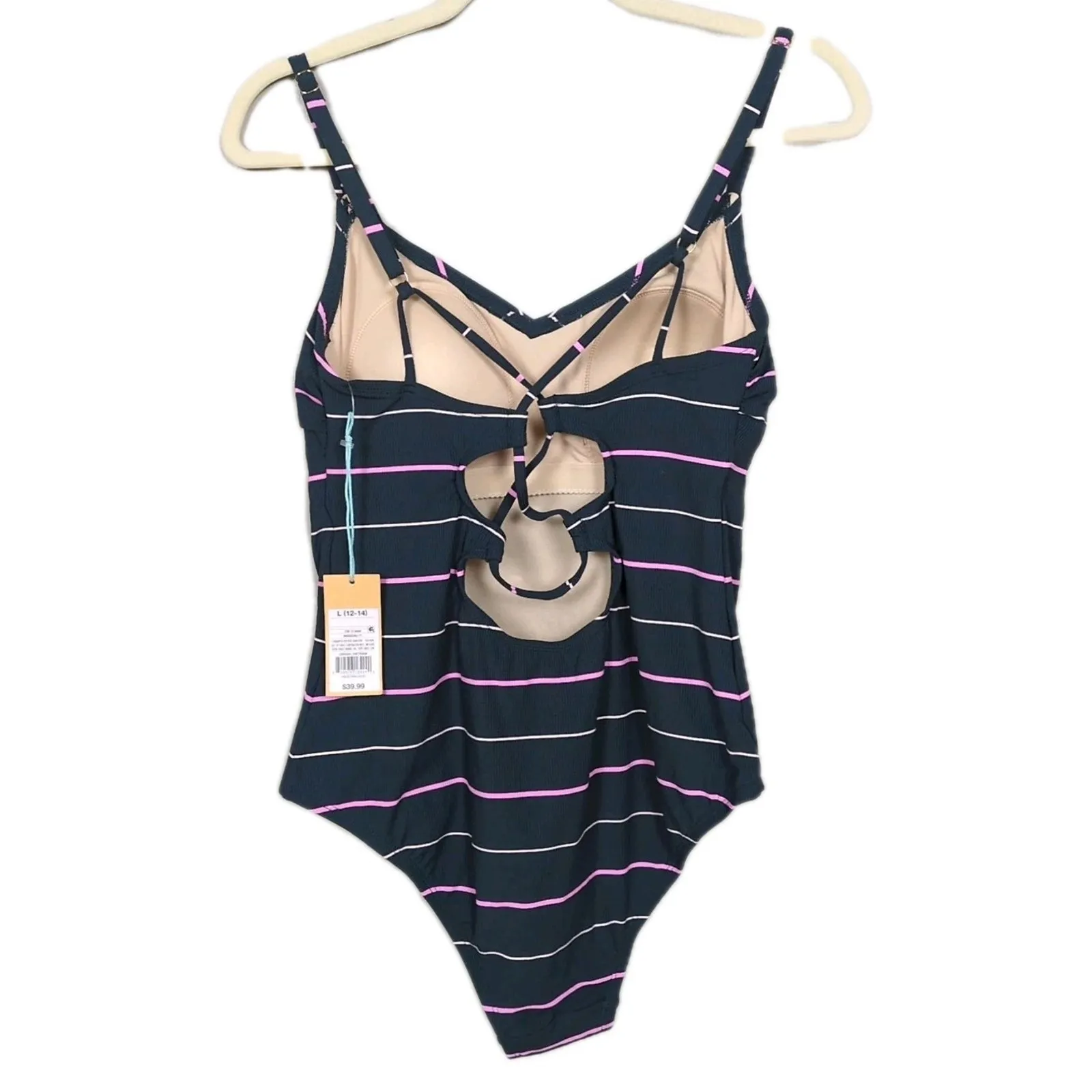 KONA SOL Green Stripe Medium Coverage One Piece Swimsuit Open Back Women's Large - Image 2