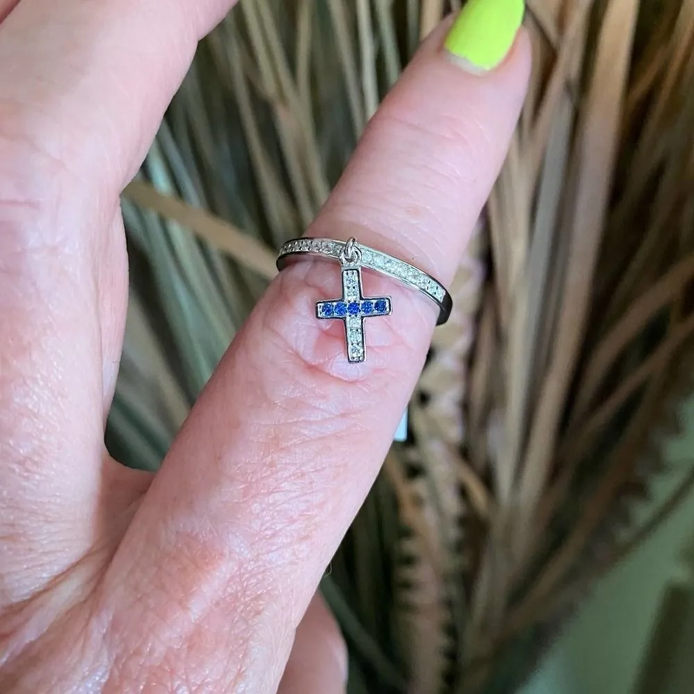 Sapphire Cross Dangle Sterling Silver CZ Ring Sizes 9,10 Blue - Image 2