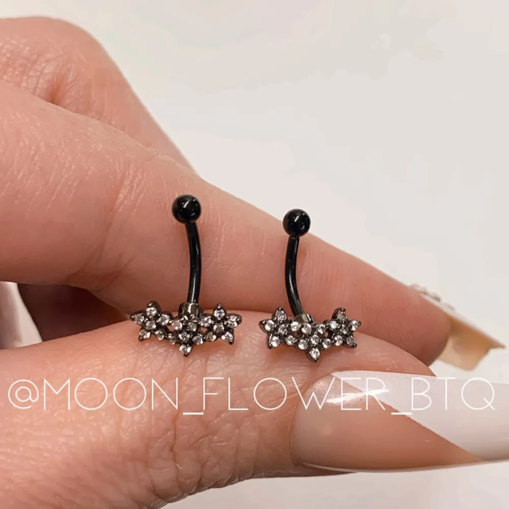 Black Triple Flower CZ Barbell Stud Earrings - Image 2