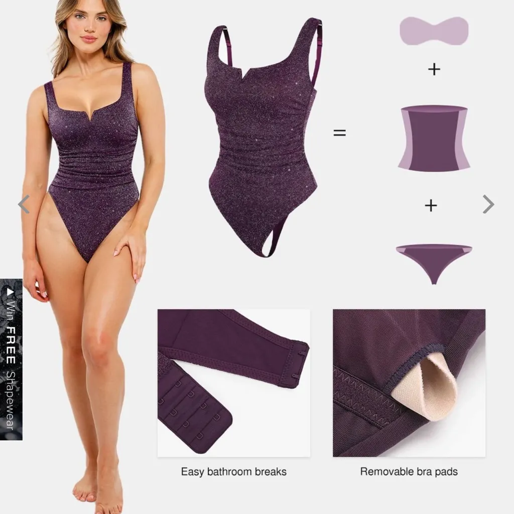 Popilush Shapewear Ruched Metallic Knit Square Neck Bodysuit Purple Size M - Image 5