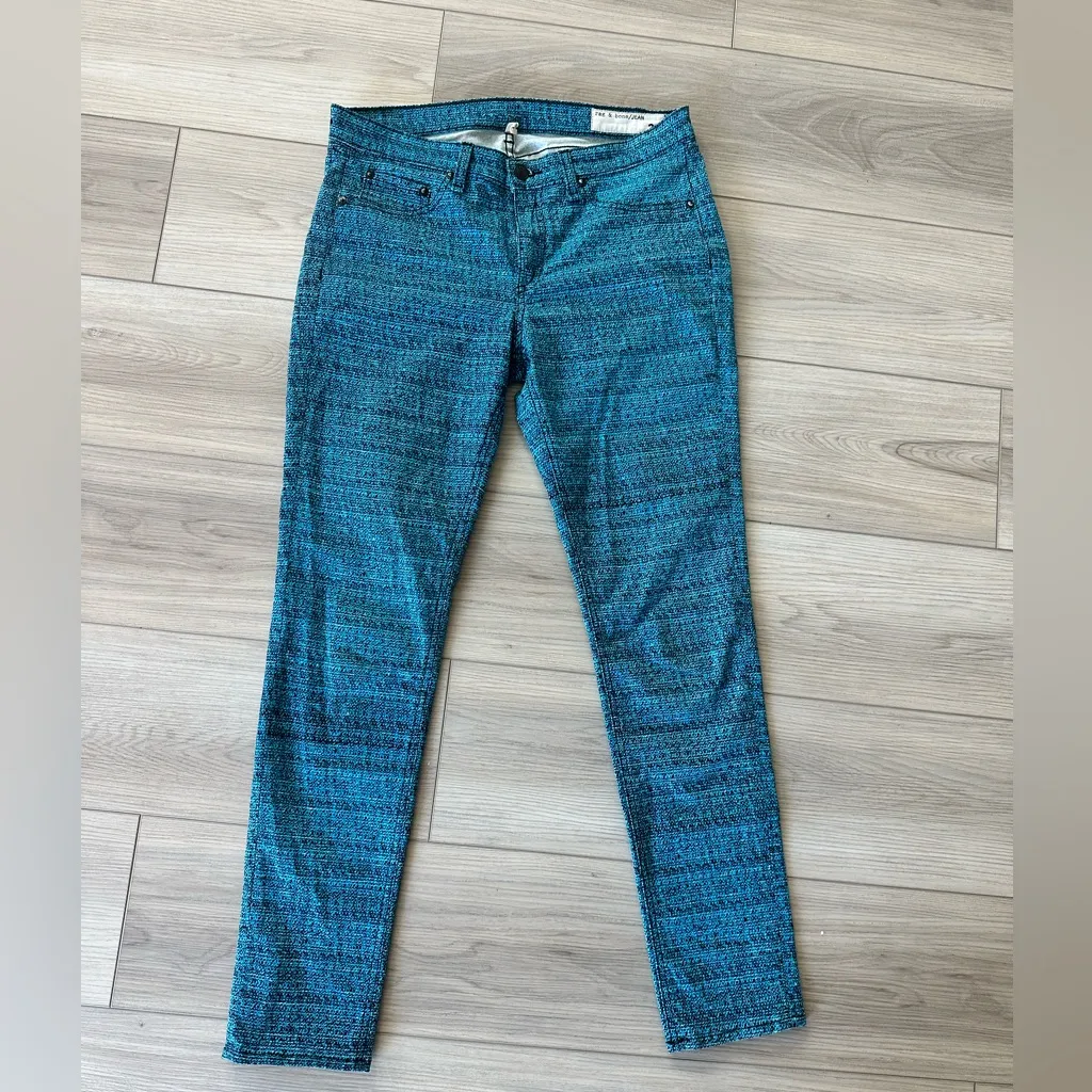Rag & Bone Skinny Jeans Turquoise Blue and Black Tweed Print Stretchy size 30 - Image 6
