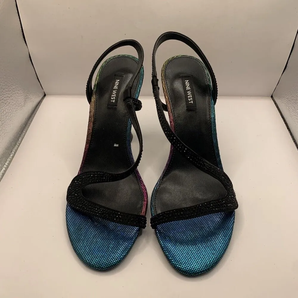 Nine West Immal5 Womens Dress Open Toe Pumps black colorful bling size 10M E2 - Image 4