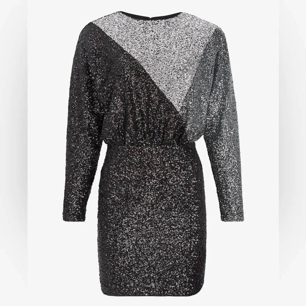 Express Color Block Sequin Strong Shoulder Long Sleeve Mini Cocktail Dress Sz XS - Image 5