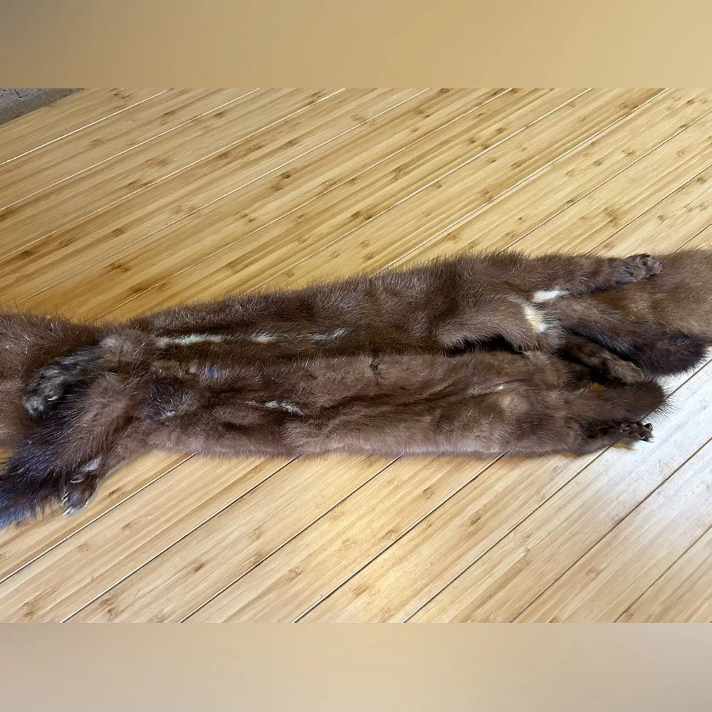 Vintage 4 Mink Fur Complete Body Pelt Scarf Brown - Image 11