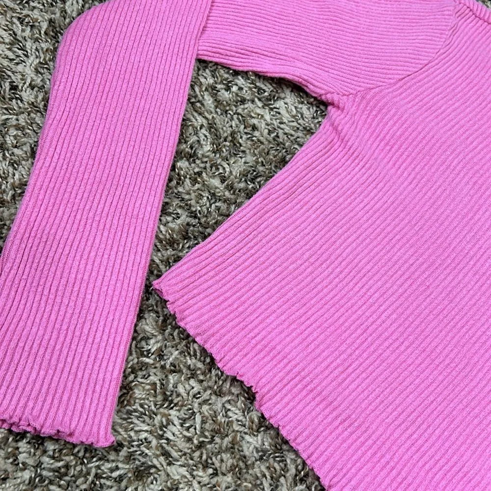 Pac Sun Pink Ribbed Long Sleeve Lettuce Hem Top Sz XS - Image 2