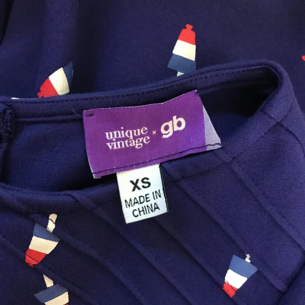 Unique Vintage Gwynnie Bee Red White Blue POPSICLE Print Dress XS - Image 3