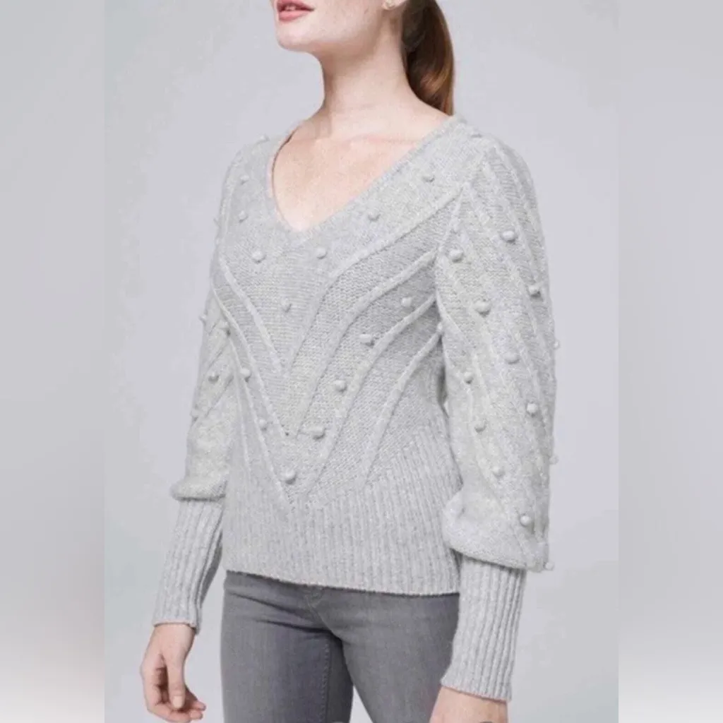 White House Black Market cozy chic PomPom embroidered puff sleeve gray sweater S - Image 10