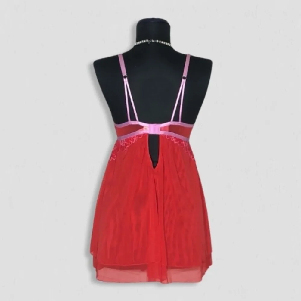 Auden Intimates Babydoll Lingerie Underwire Padded Lace Mesh Red Pink Size Small - Image 2