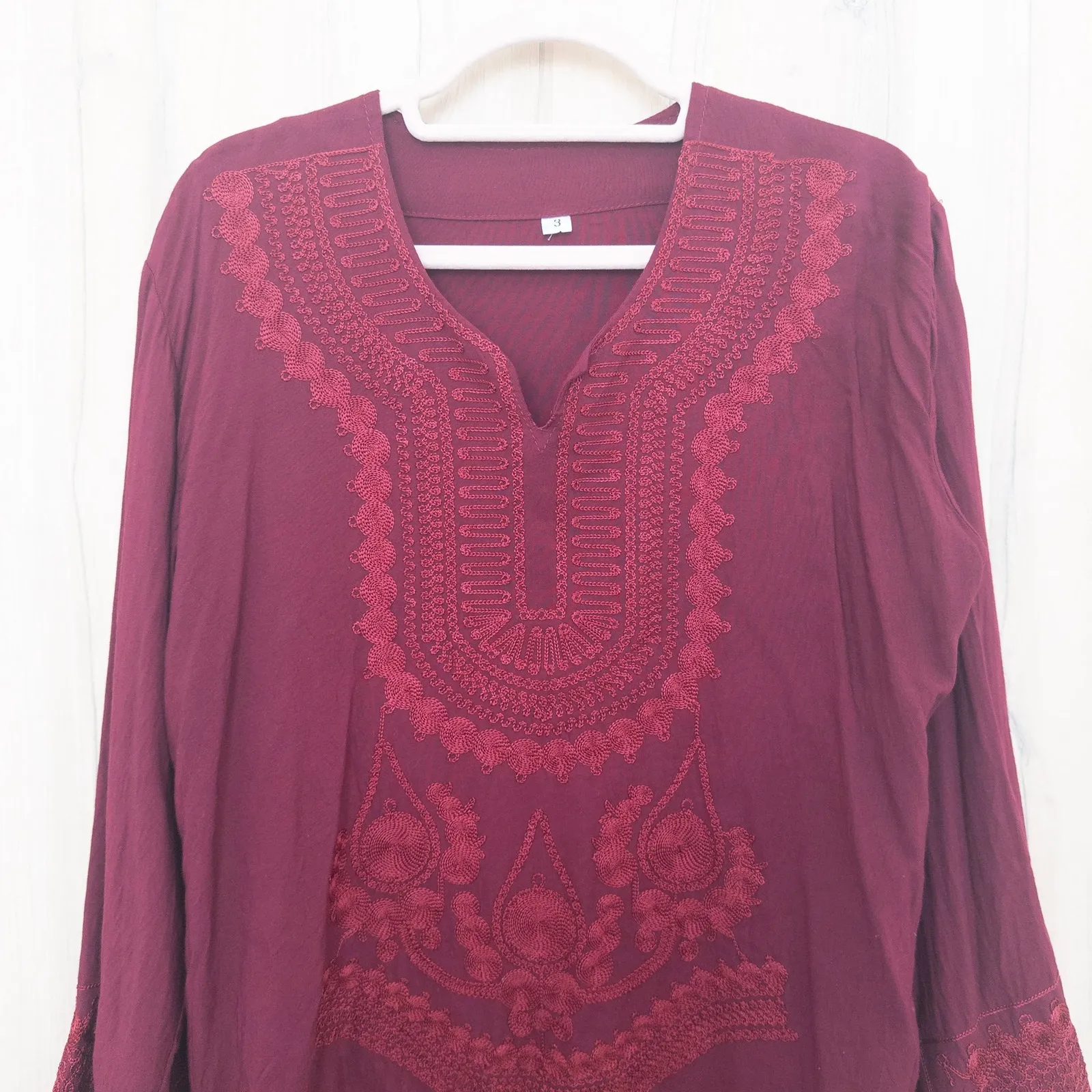 Womens Embroidered Boho Blouse Size M/L Burgundy Long Sleeve Flowy Festival Red Size M - Image 2