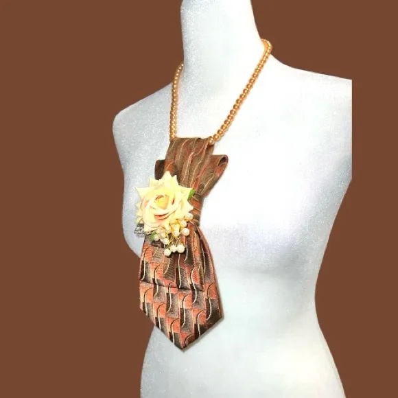 “Dainty Dapper”Elegant Brown and Cream necktie Necklace with Floral Accent - Image 4