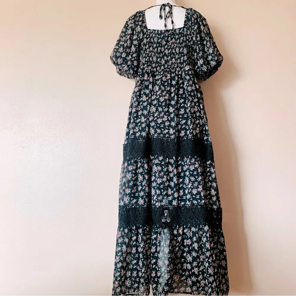 Arula Black & Red Green Dainty Floral Lace Trim Short Puff Sleeve Dress. Size XL - Image 8