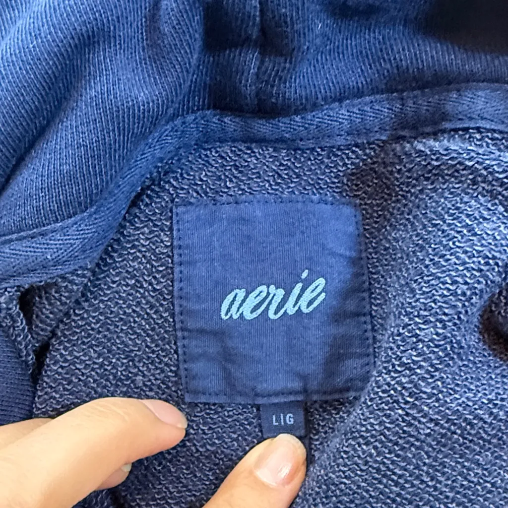 Aerie Navy Contrasting texture Waffle Knit Full Zip Cropped‎ Hoodie Size Large - Image 2