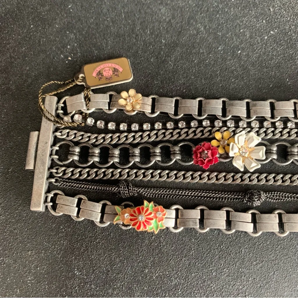 Juicy Couture Pam Gela Multi Chain Wide Floral Charm Bracelet Silver New - Image 2