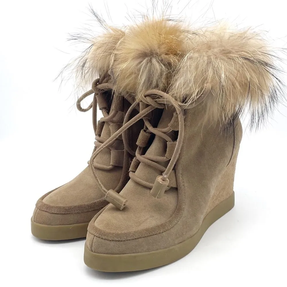 Cecelia New York Holly Wedge Bootie Chestnut Suede Fox Fur Lace Up Boot Size 9 Brown - Image 6
