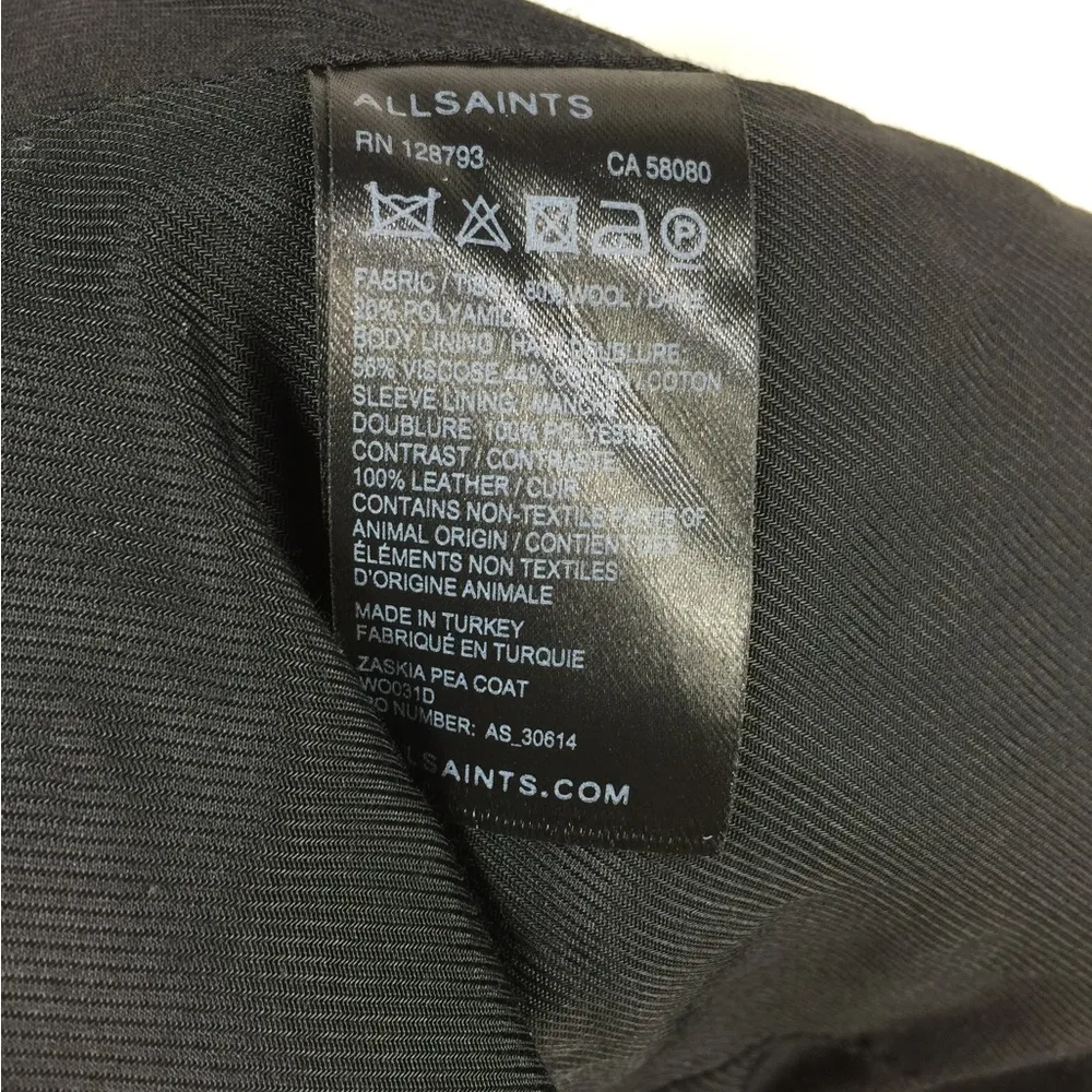 All Saints Zaskia Pea Coat Navy Wool Black Leather
Sleeves Double Breasted - Image 5