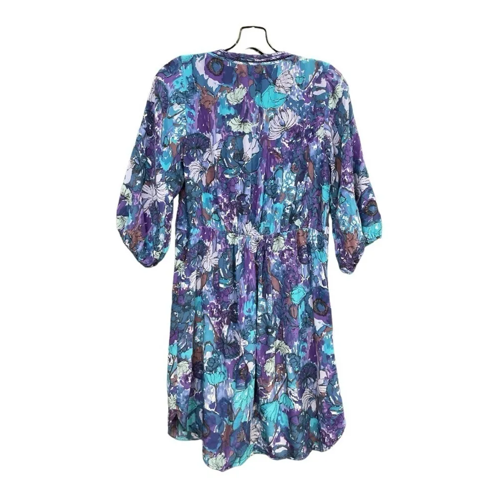 Rebecca Taylor Silk Purple Blue Floral 3/4 Sleeve Peasant Dress Size 4 - Image 3