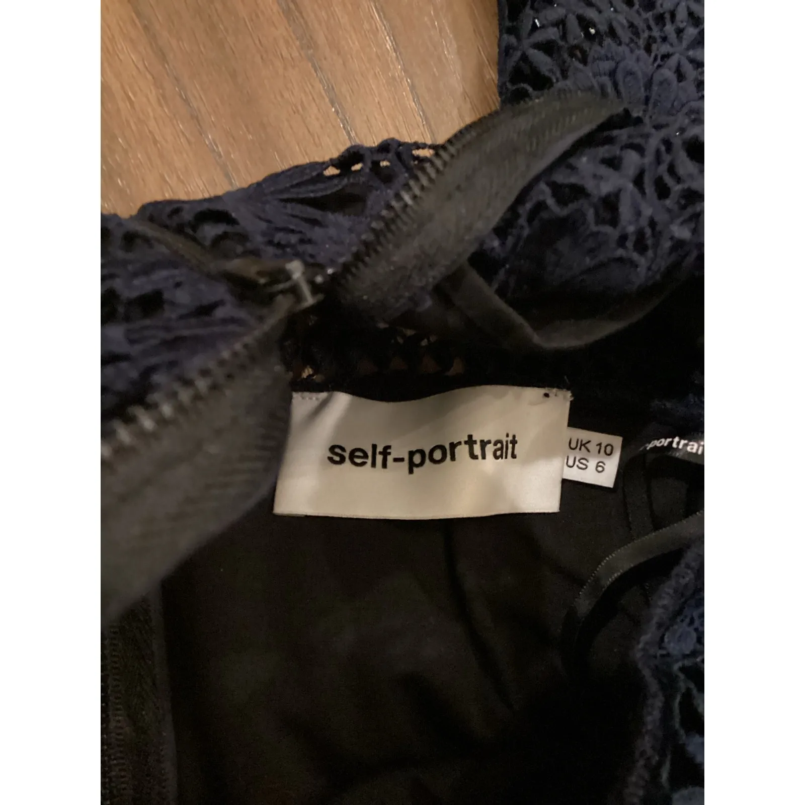 SELF PORTRAIT navy Ava Guipure Lace cut tiered long sleeve Mini Dress size 6 Blue - Image 6