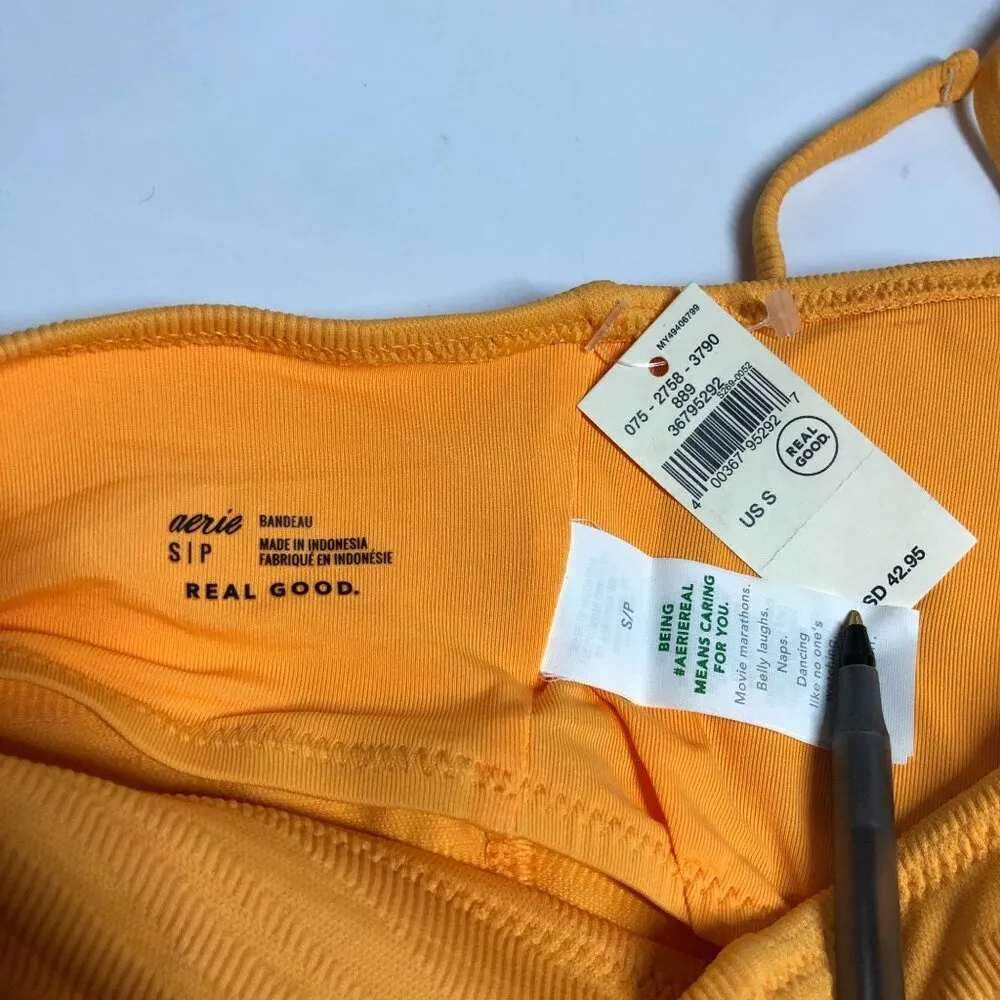 Aerie Bikini Top Bandeau Shelf Bra Halter Textured Ribbed Orange Yellow S - Image 3