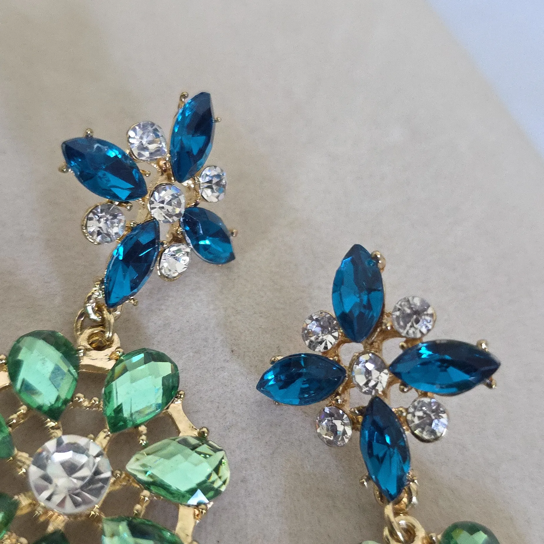 Large Statement Earrings Gold and Teal Blue with Green Chandalier - Image 2