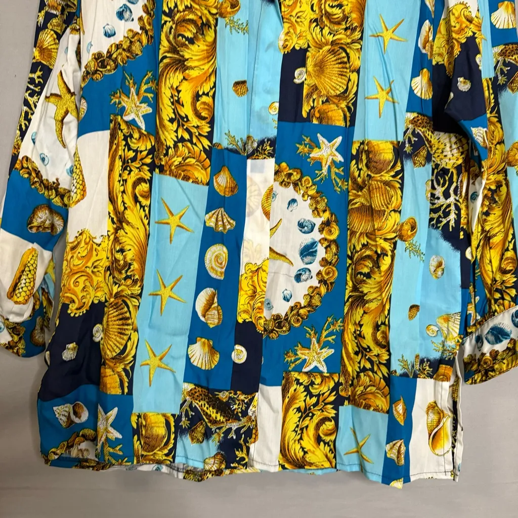 Vintage 90s Baroque Brownstone Studio Button Up Seashell Ocean‎ Plus Size 18 Blue - Image 5