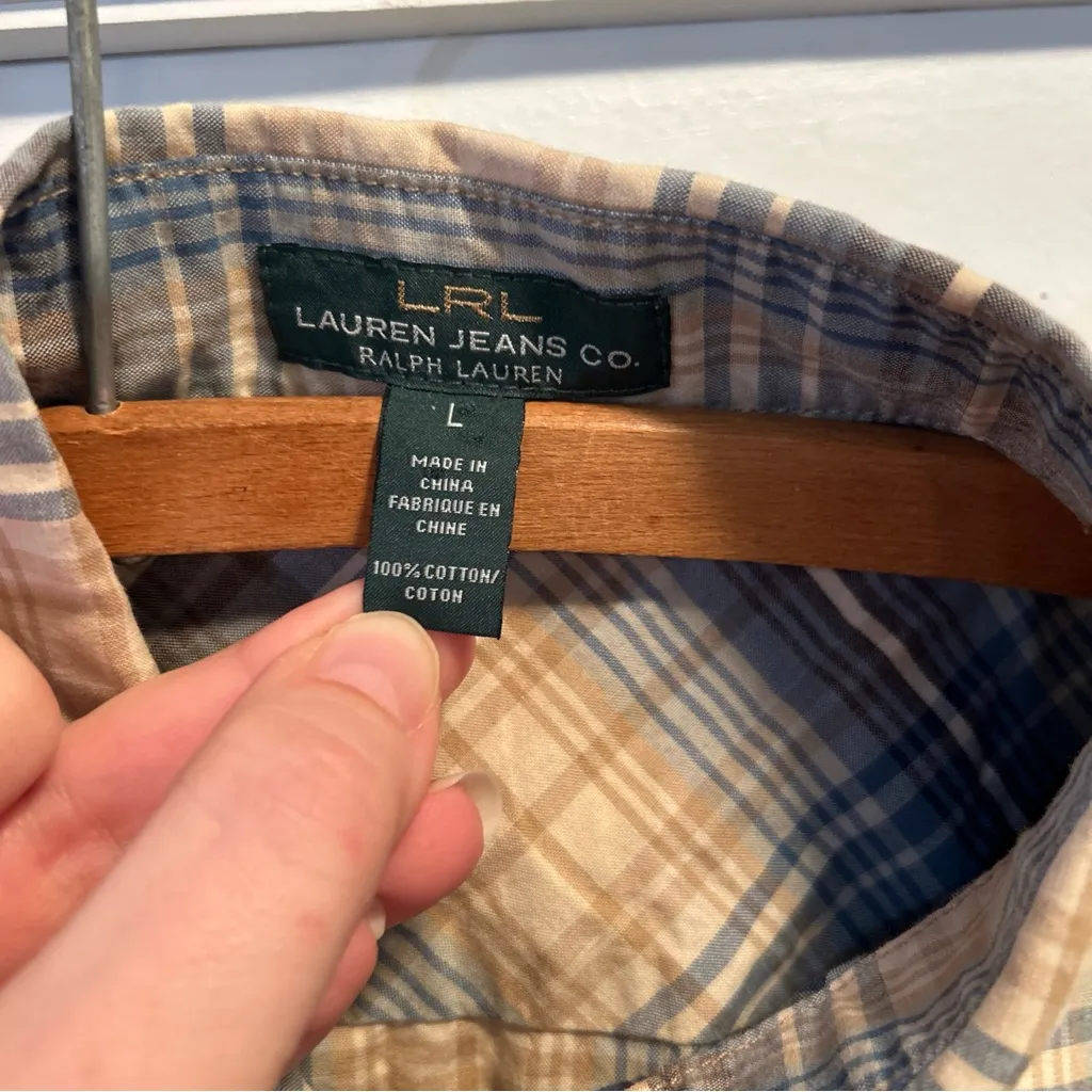 Ralph Lauren Jeans Co Blue Tan Khaki Plaid  women’s Cotton Shirt Large - Image 2