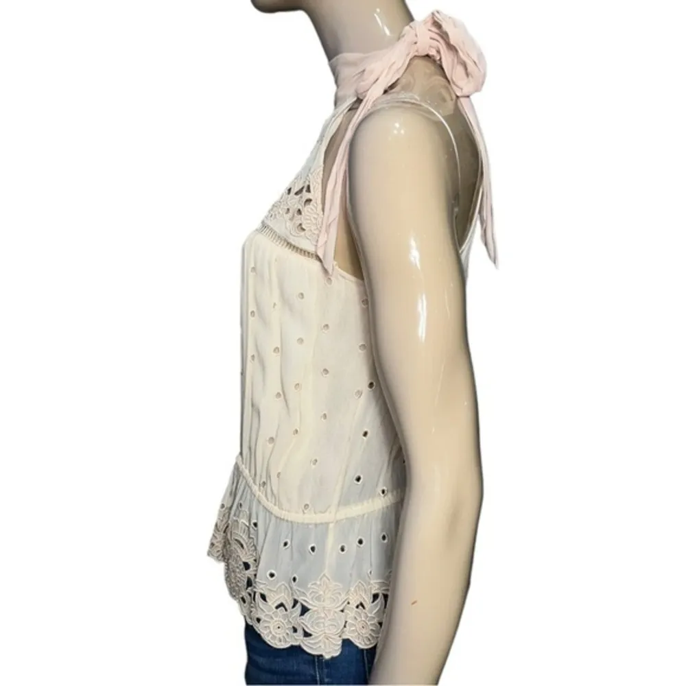 Anthropologie Love Sam S Pink Eyelet Ruffle Hem Halter Tie Neck Sleeveless Top - Image 3