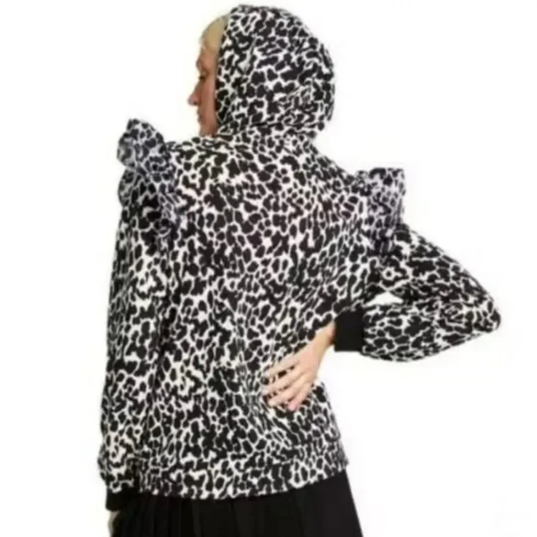 Sandy Liang Hoodie Womens X Small Black White Leopard Animal Ruffle Sweatshirt - Image 3