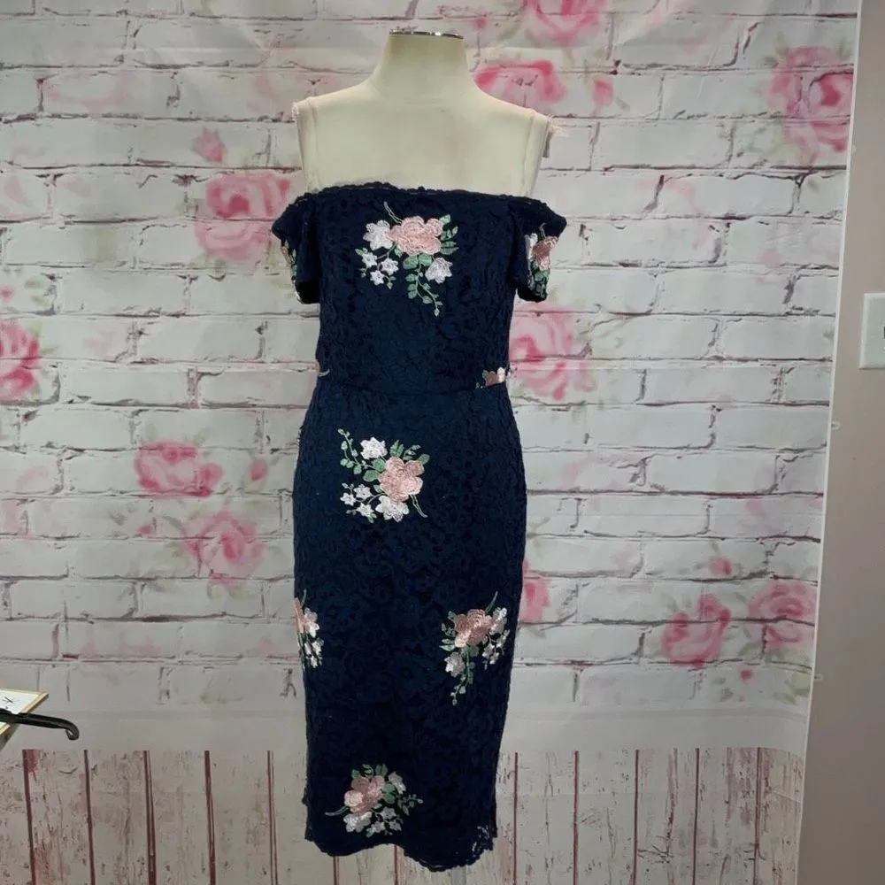 Nicole Miller Women's Strapless Laced Floral Off The Shoulder Midi Dress Navy 6 - Image 4