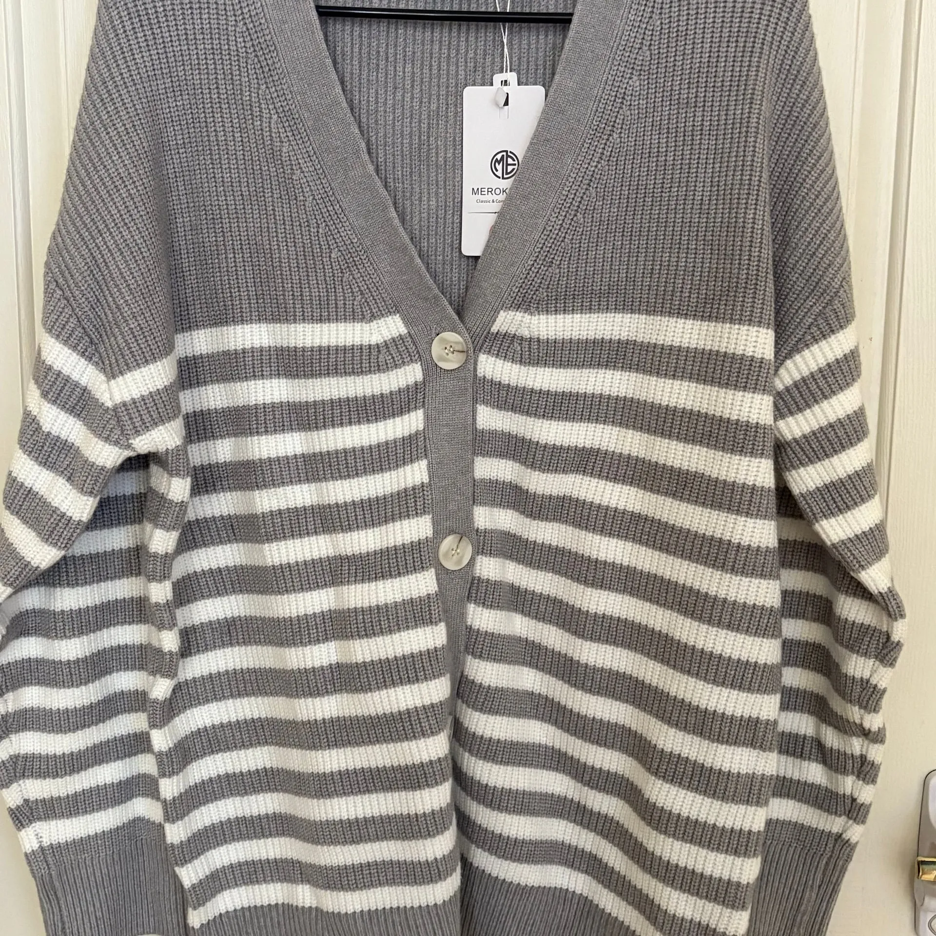 MEROKEETY Women's Striped Cardigan Sweater Open Front Button Tweed Knit soft - Image 2