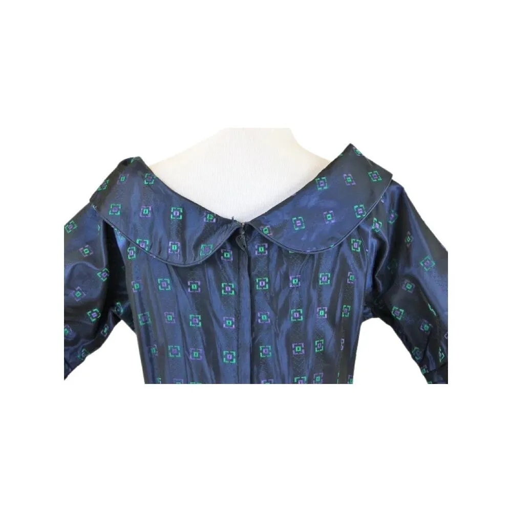 1950s Navy Blue Day Dress Purple Green Geometric Print Size Small - Image 11