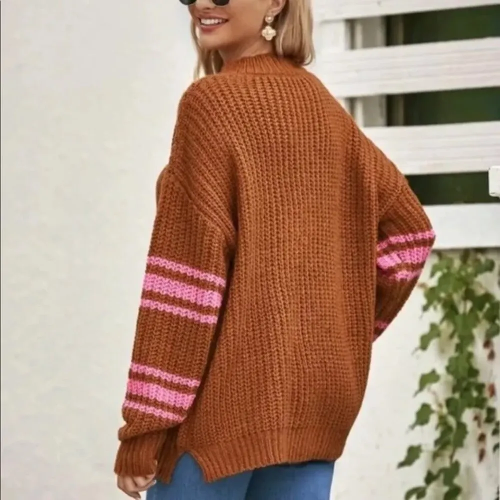 Aerie Fuzzy Feels Mohair Wool Knit Oversized Varsity Stripe Sweater Loose Chunky - Image 3