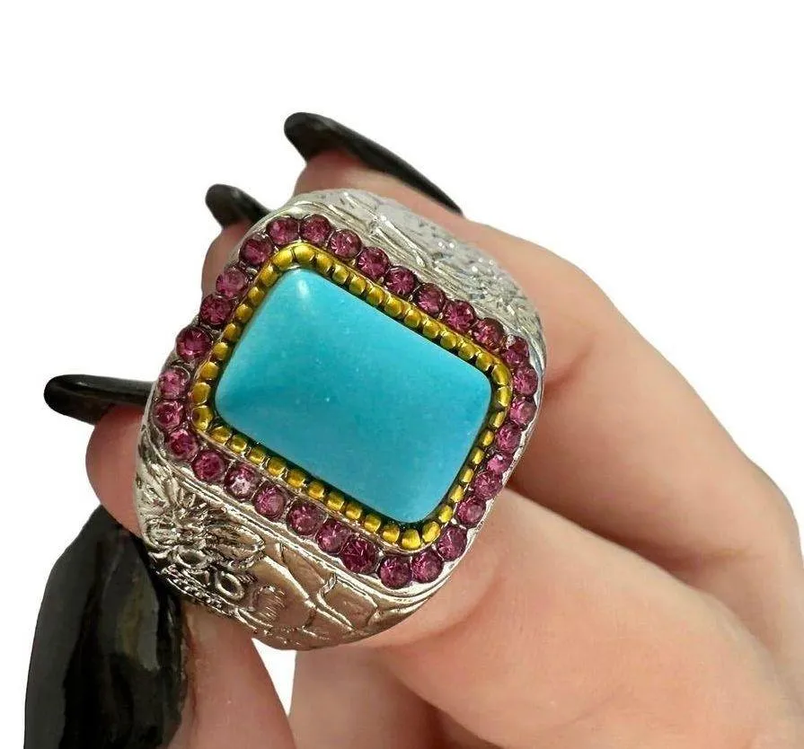 Chunk Ring Boho Costume Jewelry Turquoise Pink Silver 13 - Image 4
