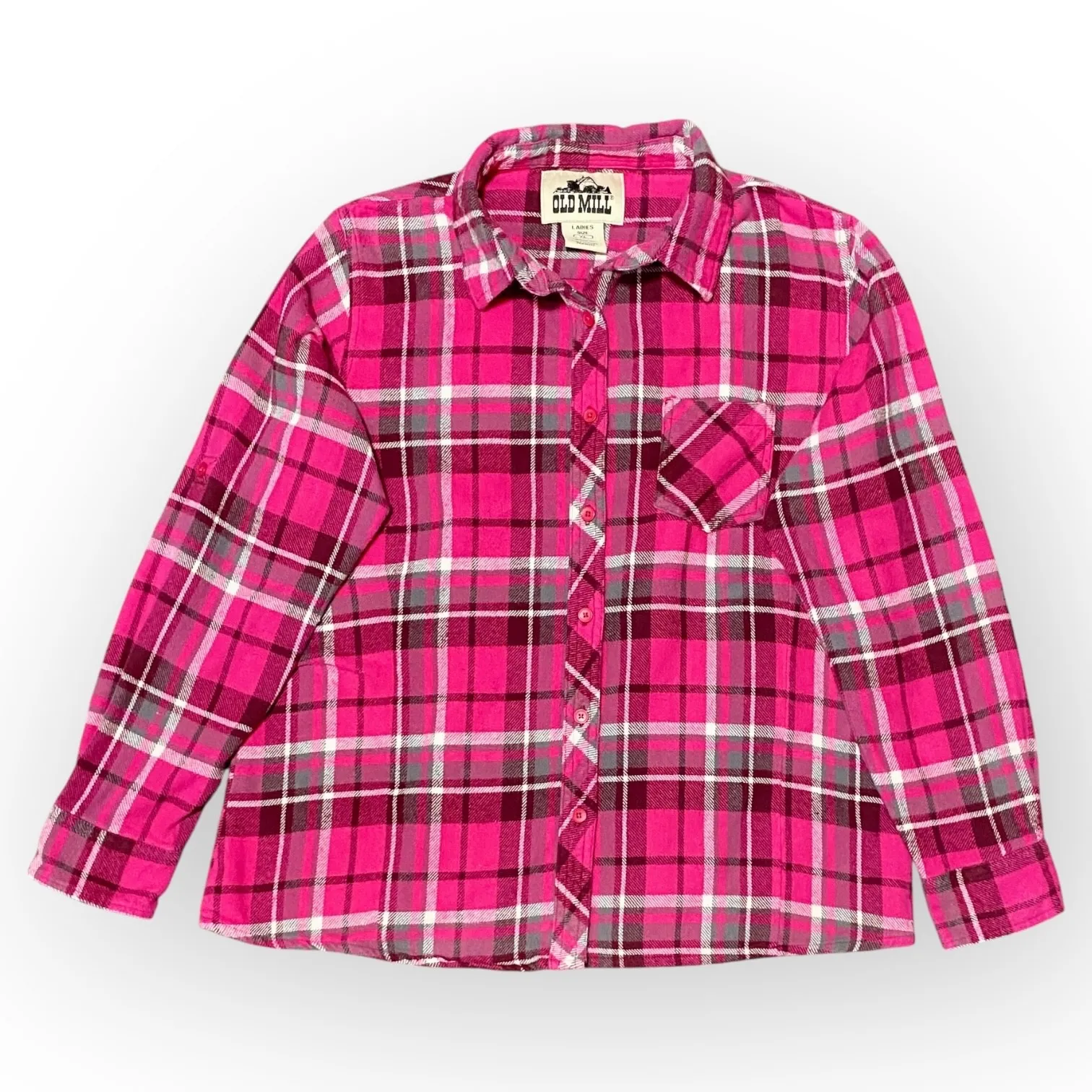 Vintage Old Mill Women’s XL Pink Plaid 100% Cotton Flannel Button Up Shirt - Image 4