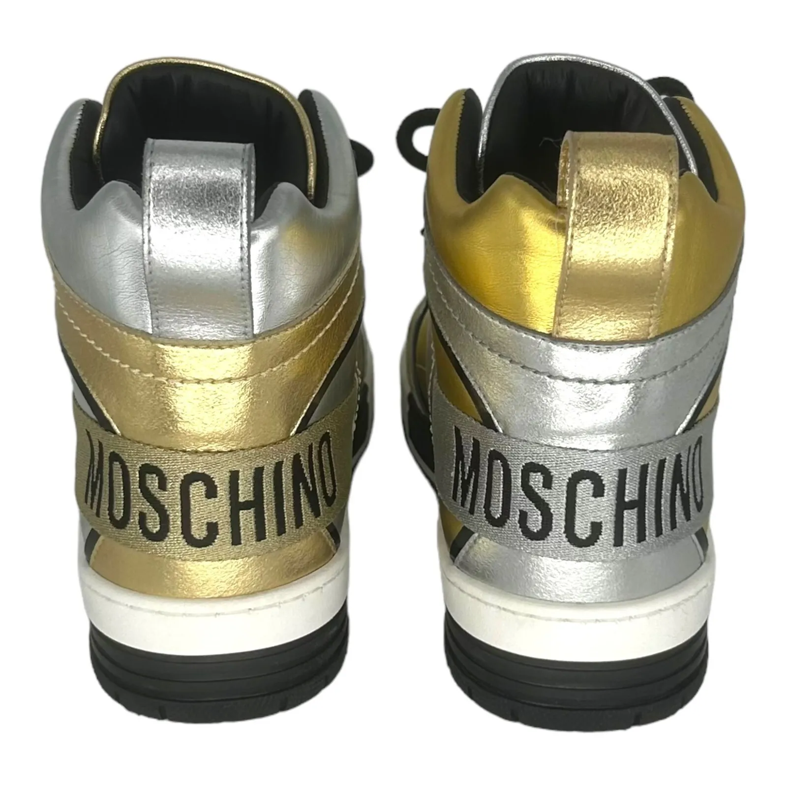 Moschino High Top Sneakers Gold Silver Metallic Leather Made in Italy Size 38 - Image 2
