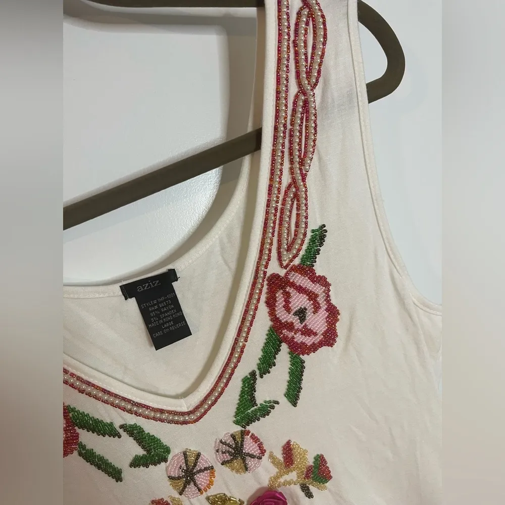 Aziz VTG Y2K Sleeveless Colorful Beaded Fabric Rosettes Beige Spandex Tank Top L Pink Size L - Image 13