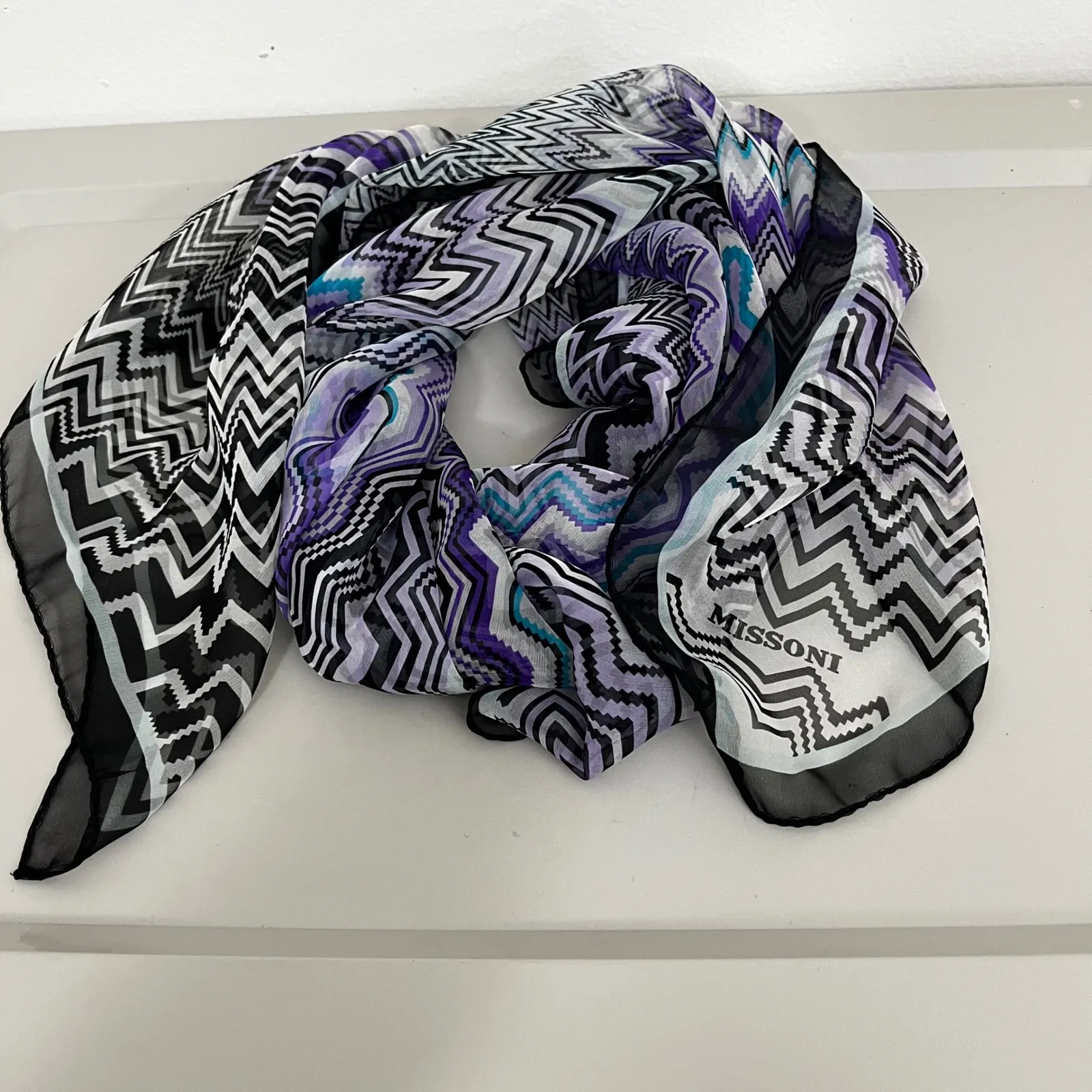 Missoni Iconic Zig Zag Square 35" X 35" Sheer Scarf Silk Purple Blue Luxury - Image 2