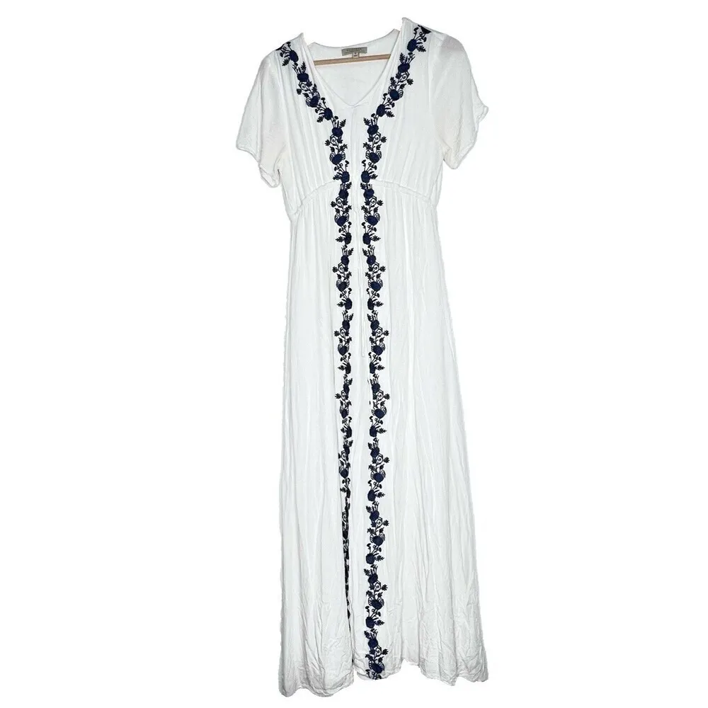 Polagram Ivory embroidered chinched floral short sleeve tie maxi dress size S - Image 5