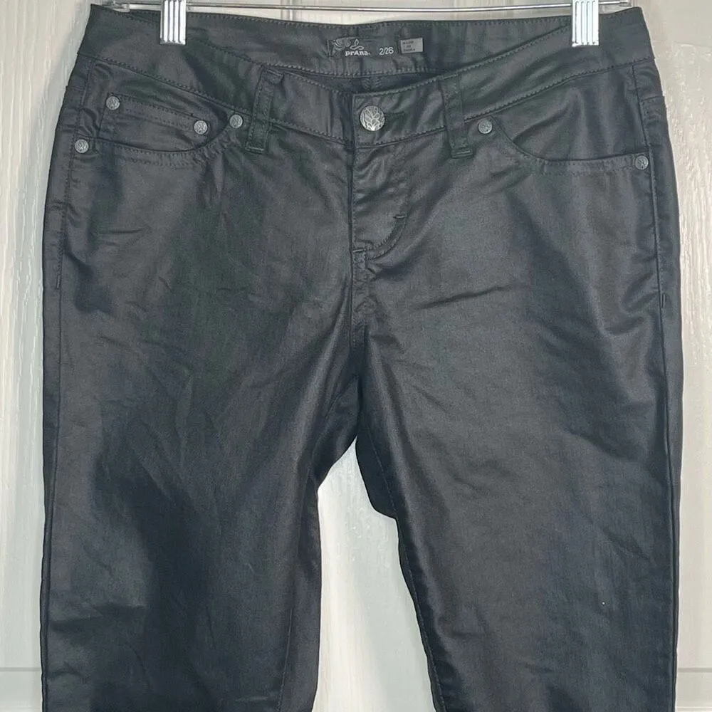 Prana Sz 2 / 26 Black Wax Coated Skinny Jeans Mid  Rise - Image 2