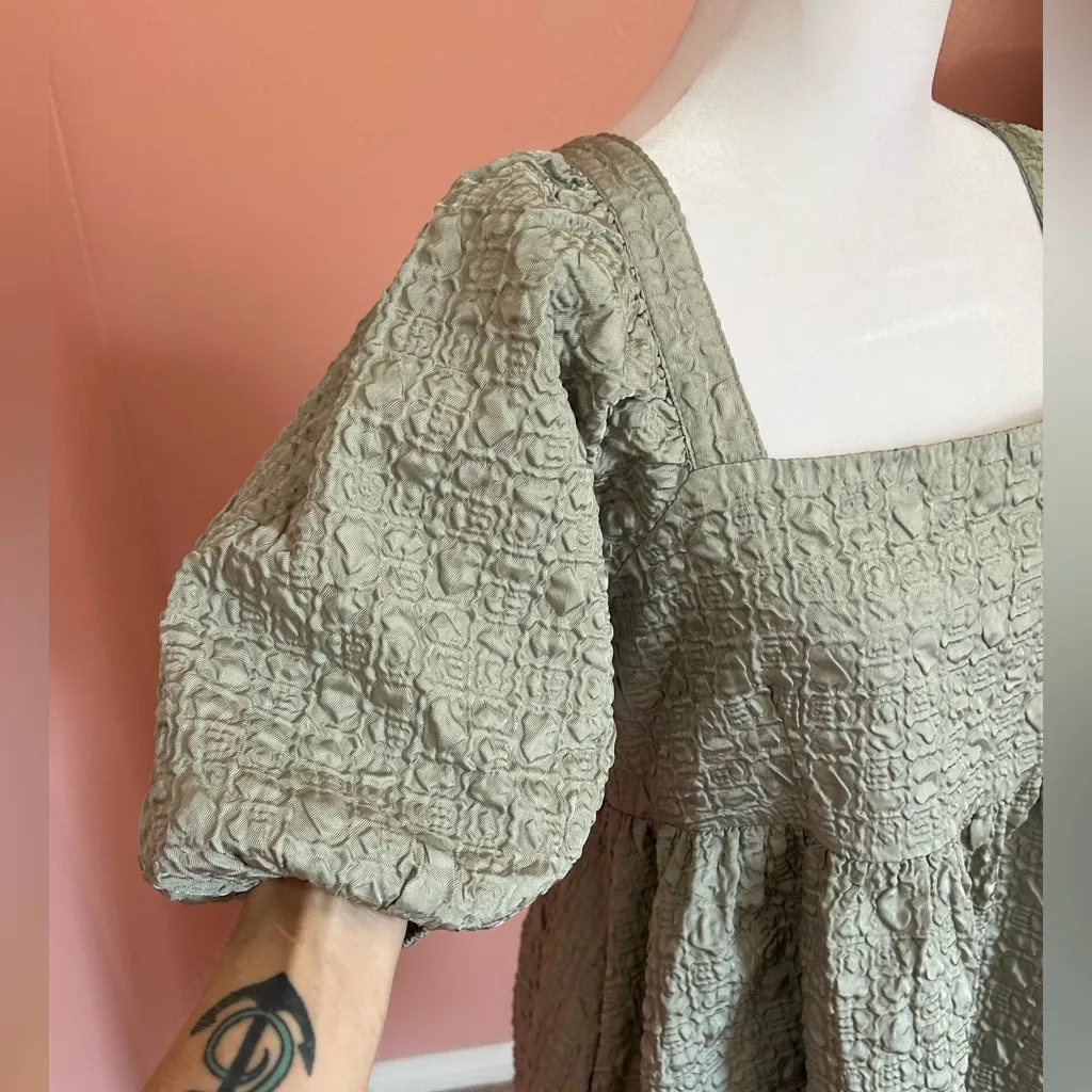 Mittoshop sage large puff sleeve bohemian mini babydoll dress with pockets NWT L - Image 5